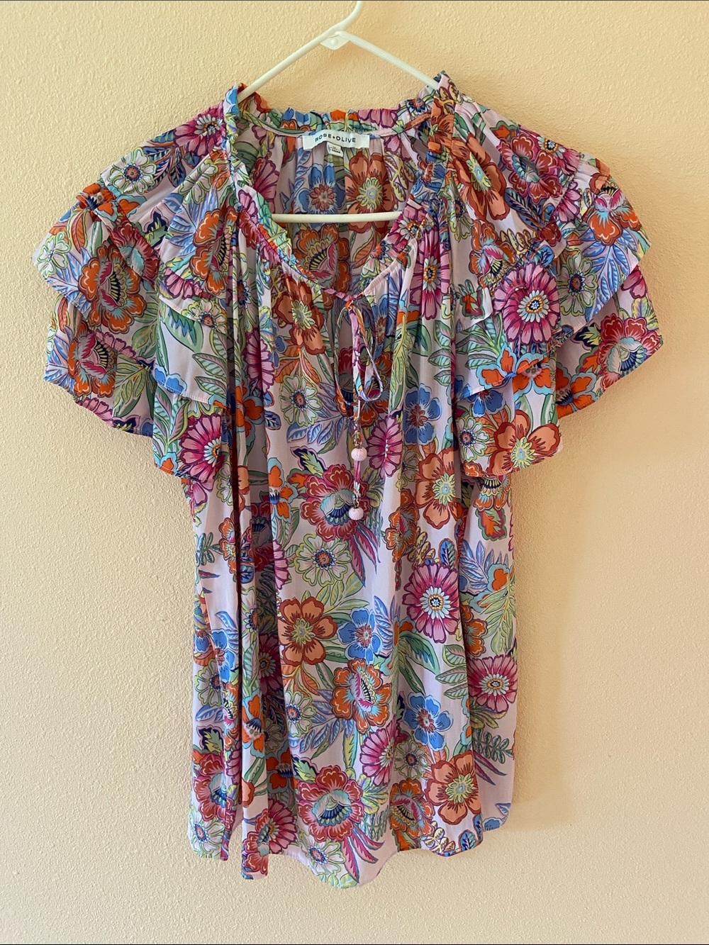 Women’s Rose & Olive Floral Blouse Shirt, Ruffled Sleeves, Plus Size 1X